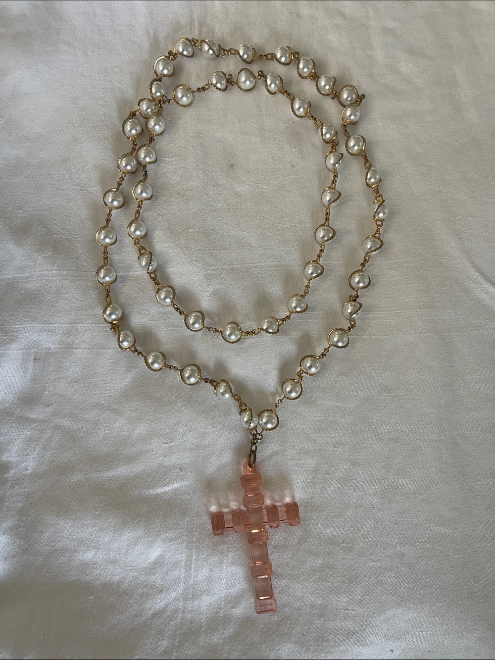 Pearl Rosary Necklace with Pink Cross Pendant - Unbranded